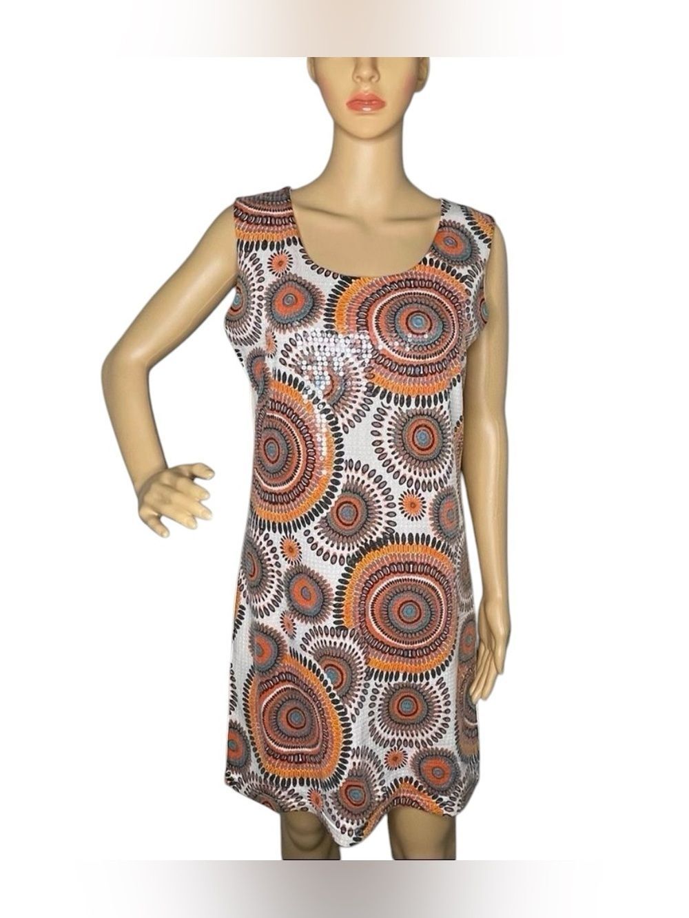 Adore Sequin Sleeveless Retro Shift Dress Orange Tan Black Turquoise White Med
